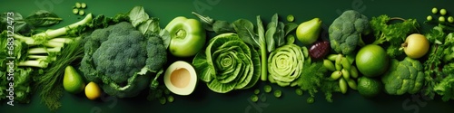 A row of green vegetables on a green background. Generative AI. © serg3d