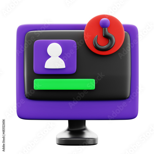 id card information on computer screen with hook symbol for personal data hijack concept. cyber internet security 3d icon illustration render design.