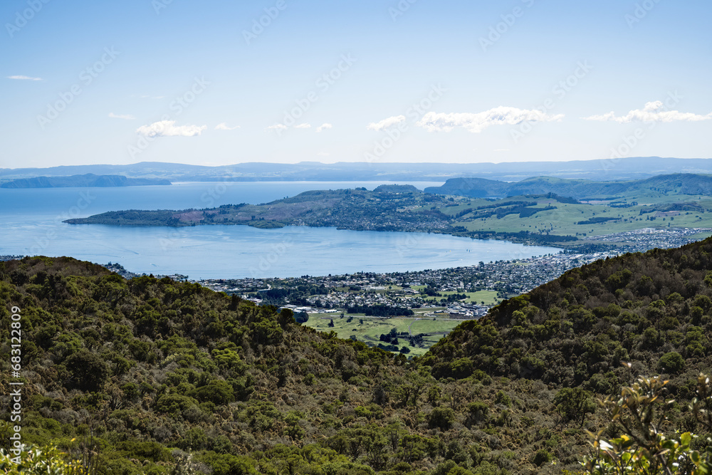 Taupo town from Tauhara hill top lookout. Tapuaeharuru bay, Lake Taupo.
