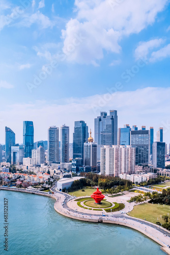 Aerial photography of the coastline and skyline of Qingdao May Fourth Square, Shandong, China