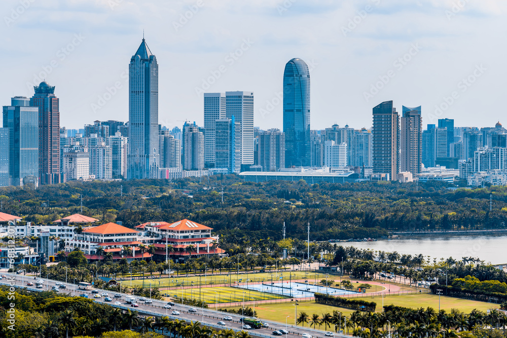 Fototapeta premium Wanlv Park and Guomao CBD complex in Haikou, Hainan, China