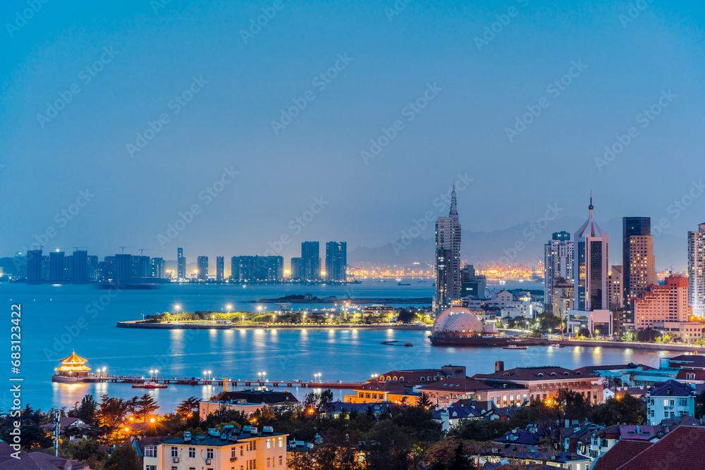 Night view of Zhanqiao skyline in Shinan District, Qingdao, Shandong, China