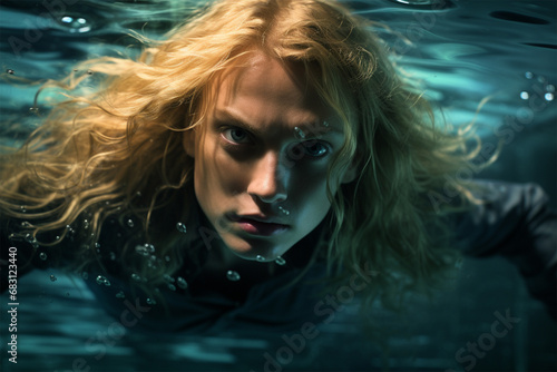 Portrait of a young man with long hair in clothes swimming underwater. looks at the camera © Margo_Alexa