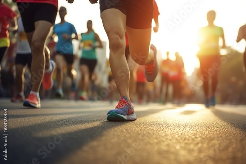 people running in a marathon, Sports, a city street, a group of people running in a race, a close-up shot of a person's legs, early morning