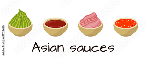 Asian sauces vector set. Pickled ginger, wasabi paste, sriracha, soy sauce. Salty and spicy condiments for sushi, seafood. Tasty hot gravies in wooden saucer. Flat cartoon clipart for print, menu, web