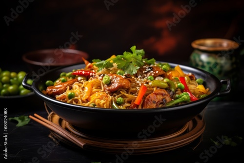 A colorful, vibrant photo capturing the steamy allure of freshly cooked noodles, garnished with a variety of healthy vegetables and spices, served in a traditional Asian bowl