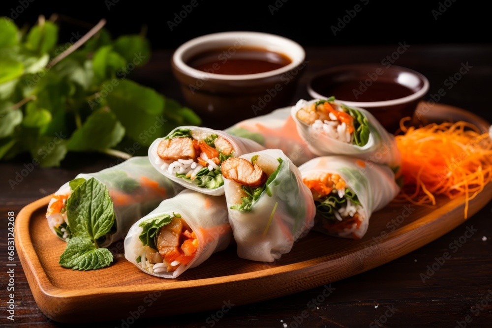 A colorful platter of freshly made Vietnamese spring rolls, garnished with mint leaves and served with a tangy dipping sauce, placed on a rustic wooden table A colorful platter of freshly made Vietnamese spring rolls, garnished with mint leaves and served with a tangy dipping sauce, placed on a rustic wooden table
