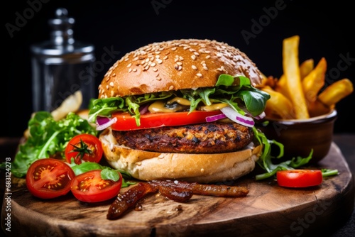An appetizing, homemade veggie burger served on a rustic wooden board, with fresh lettuce, juicy tomatoes, crispy onions, and a side of golden potato fries