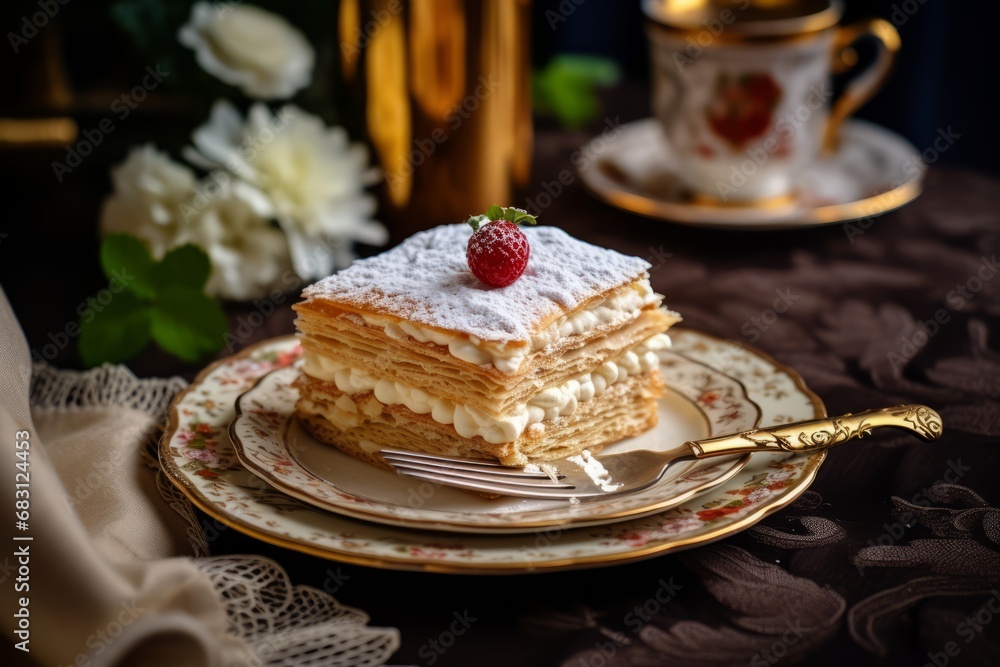 A beautifully layered Napoleon cake, a Russian delicacy, dusted with powdered sugar, served on an elegant porcelain plate with a silver fork, ready to be enjoyed A beautifully layered Napoleon cake, a Russian delicacy, dusted with powdered sugar, served on an elegant porcelain plate with a silver fork, ready to be enjoyed