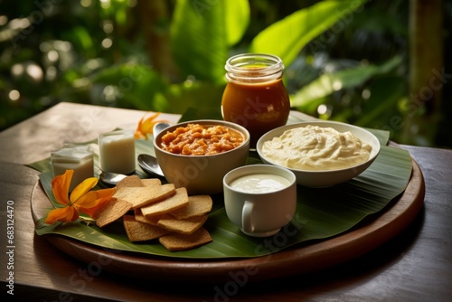 A traditional Sri Lankan breakfast featuring a fresh bowl of Buffalo curd topped with kithul treacle, surrounded by a tropical setting photo