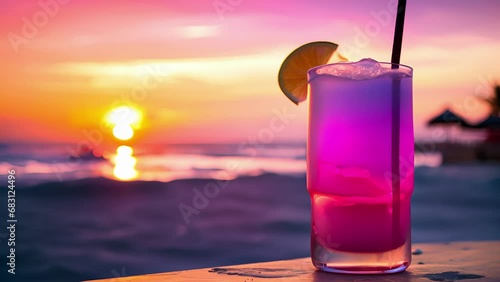 The sunset casts a pink and purple glow on the beach, and in the foreground, a bright yellow tail stands out against the colorful backdrop. The perfect drink for a tropical evening.
