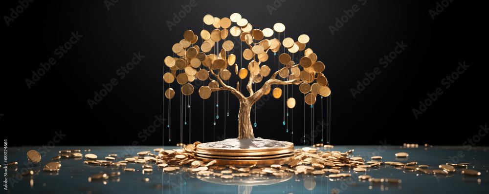 tree growing of accumulating wealth money investment overtime, building retirement or capital assets portfolio , success in business and startups or making income of trading and dividend stock market - obrazy, fototapety, plakaty 