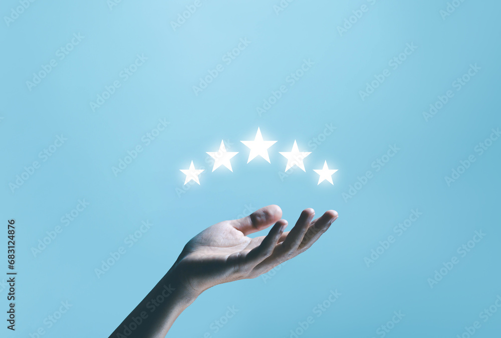 hand shows 5-star rate review of client, best feedback customer. satisfaction survey concept in service of the user on a website digital online. experience positive with business top quality - obrazy, fototapety, plakaty 