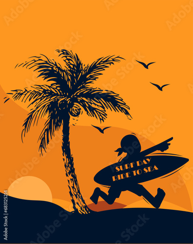 Silhouette man surfer running with hold surfboard. Beach scene on sunset with silhouette coconut treeand birds. Vector handmade illustration.