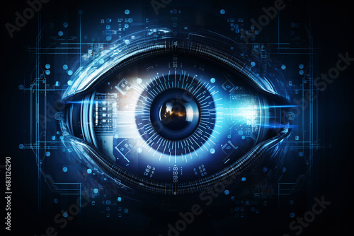 Blue eye on digital technology background. Security access technology. 