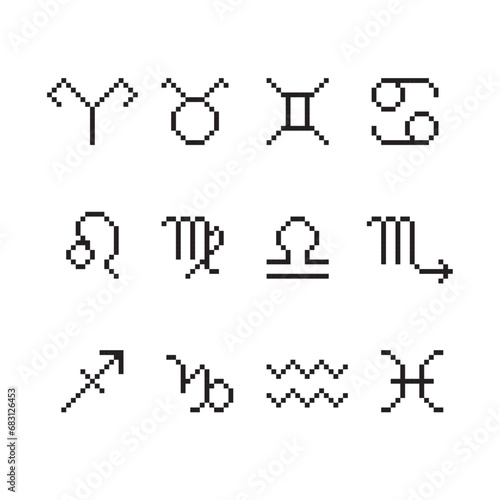 Signs of zodiac in pixel art style. Horoscope symbols. 8 bit vector set for game and other design. (ID: 683126453)