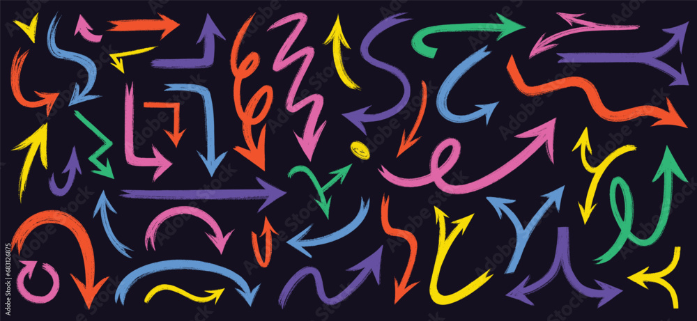 Hand drawn Grunge vector arrows. Dry paint brush strokes direction pointers collection.