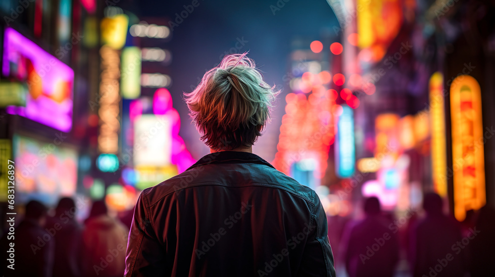 夜のネオン街を歩く若い金髪男性の後ろ姿