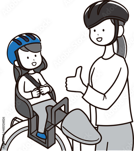 ヘルメットを被ってチャイルドシートに乗る子供と女性のイラスト素材