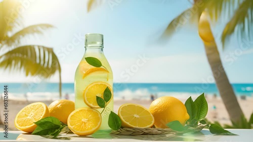 Closeup of a burst of citrus flavors, as lemon, lime, and gfruit slices mingle with fresh mint leaves in a tall glass bottle, evoking the essence of a beachside citrus grove. photo