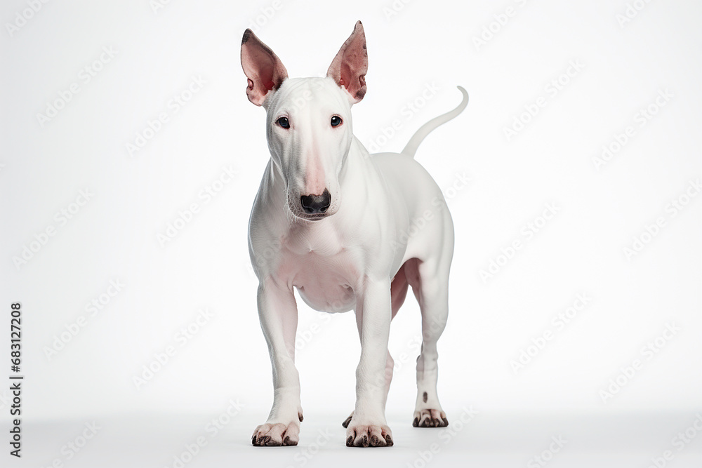 Bull Terrier standing on a white background. Animal front-left portrait. Bull Terrier standing on a white background. Animal front-left portrait.