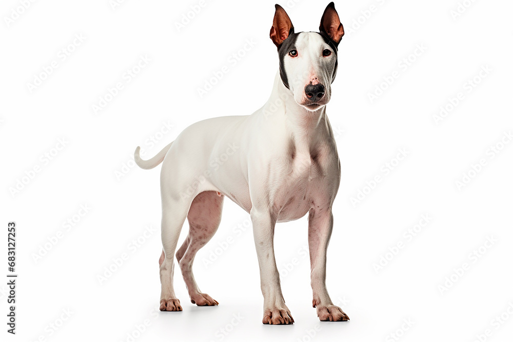 Bull Terrier standing on a white background. Animal right-side portrait. Bull Terrier standing on a white background. Animal right-side portrait.