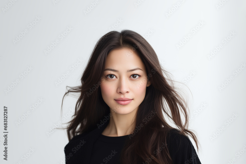 Portrait of a young Asian woman with good health glowing skin and positivity standing and looking at the camera. Portrait of a young Asian woman with good health glowing skin and positivity standing and looking at the camera.