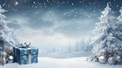 Beautiful template background of winter with gift box and tree spruce © Altair Studio