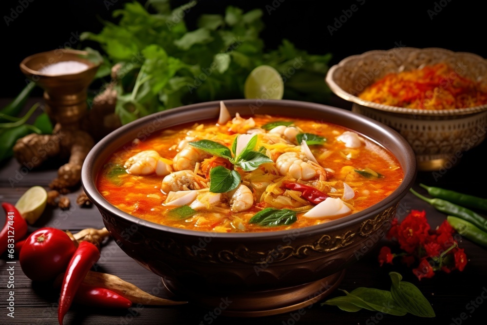 Tom yum with shrimp and crab with lime, chili, tomato, garlic, lemongrass and lime leaves, COPY SPACE, generative ai