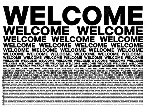 Welcome black and white card composed of big amount of decreased words.