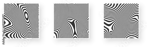 Set of abstract poster designs with wavy black stripes and optical interference effect. Illusion of movement for banner, flier, invitation, cover, business card.