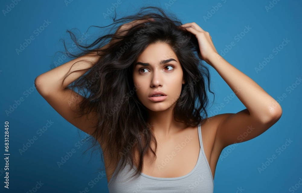An Intimate Portrait of a Stressed Woman Gazing at Her Damaged Hair with Dry Ends, Paving the Path Towards Revitalization, Self-Care, and Inner Renewal, Illuminating the Beauty Beyond Struggles An Intimate Portrait of a Stressed Woman Gazing at Her Damaged Hair with Dry Ends, Paving the Path Towards Revitalization, Self-Care, and Inner Renewal, Illuminating the Beauty Beyond Struggles