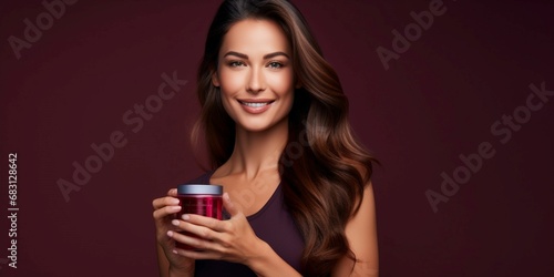 Elegance in Confidence: Unveiling Luxurious Skincare - Captivating Product Advertisement Featuring a Confident Woman with Long Flowing Hair, Exuding Radiance and Assurance, Celebrating the Power 