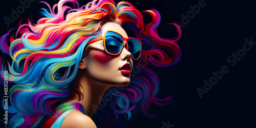 Exotic surrealism woman hair stylish fashion art with clorful plastic line  pattern. inspiration of modern pop art design