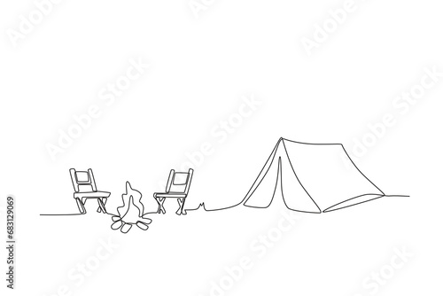 One line depicts a camping landscape in a campground. Two chairs and a tent with a bonfire. Eco-friendly tourism. Continuous line drawing design vector illustration