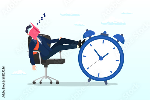 Businessman sleeping lay down on office chair and alarm clock covered his face with book, afternoon slump, laziness and procrastination postpone work to do later, boredom and sleepy work (Vector) 