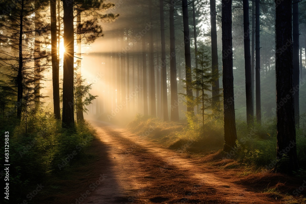A forest filled with pine trees with space between them, sunrays coming through mist in the backround, a thin path goes thorugh the trees A forest filled with pine trees with space between them, sunrays coming through mist in the backround, a thin path goes thorugh the trees