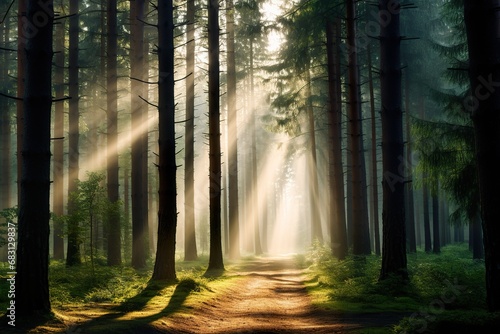A forest filled with pine trees with space between them  sunrays coming through mist in the backround  a thin path goes thorugh the trees
