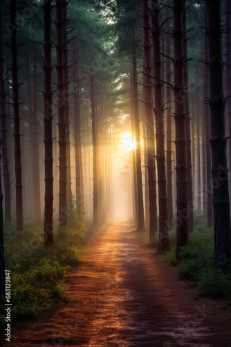A forest filled with pine trees with space between them, sunrays coming through mist in the backround, a thin path goes thorugh the trees