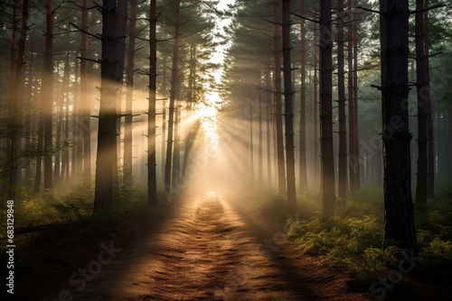 A forest filled with pine trees with space between them, sunrays coming through mist in the backround, a thin path goes thorugh the trees photo