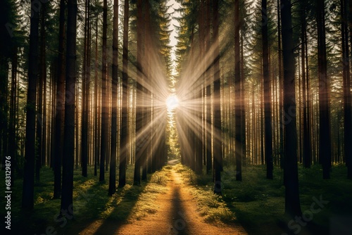 A forest filled with pine trees with space between them, sunrays coming through mist in the backround, a thin path goes thorugh the trees photo