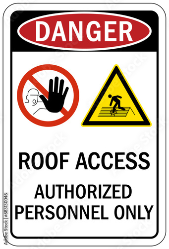 Roof safety warning sign and labels authorized personnel only