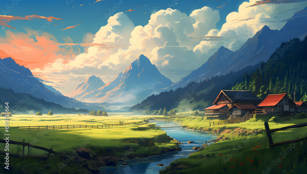 Fantasy landscape with mountains, river and wooden houses. illustration digital painting
