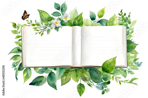 Watercolor stack of books butterfly flower green leaves on transparent background ,space for text #683133218
