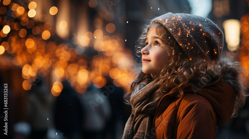 A side profile of girl child standing in the city, snow in the city square, christmas market, winter season, happy holidays. 
