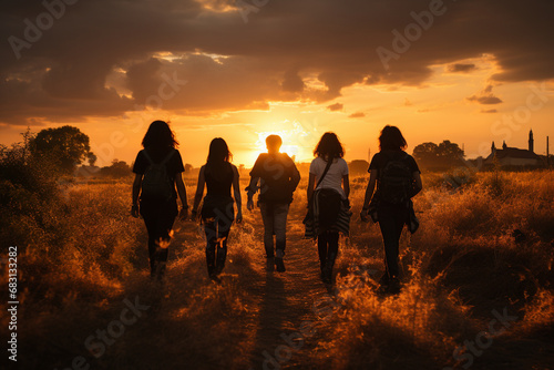 People walking during the sunset in the background. 