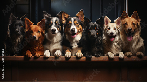 Group portrait of dogs of various shapes, sizes, and breeds. Stray pets with happy expression waiting for adoption. 