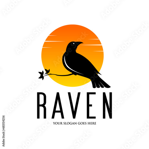 Black raven logo design on white background