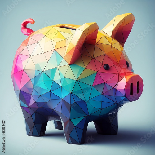 Polygonal Geometric Colorful 3D Faceted Piggy Bank: Perfect for Financial Education Materials and Concept of Modern Savings
