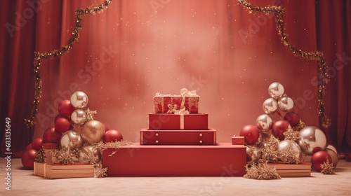 empty red elegant podium with minimal christmas decoration